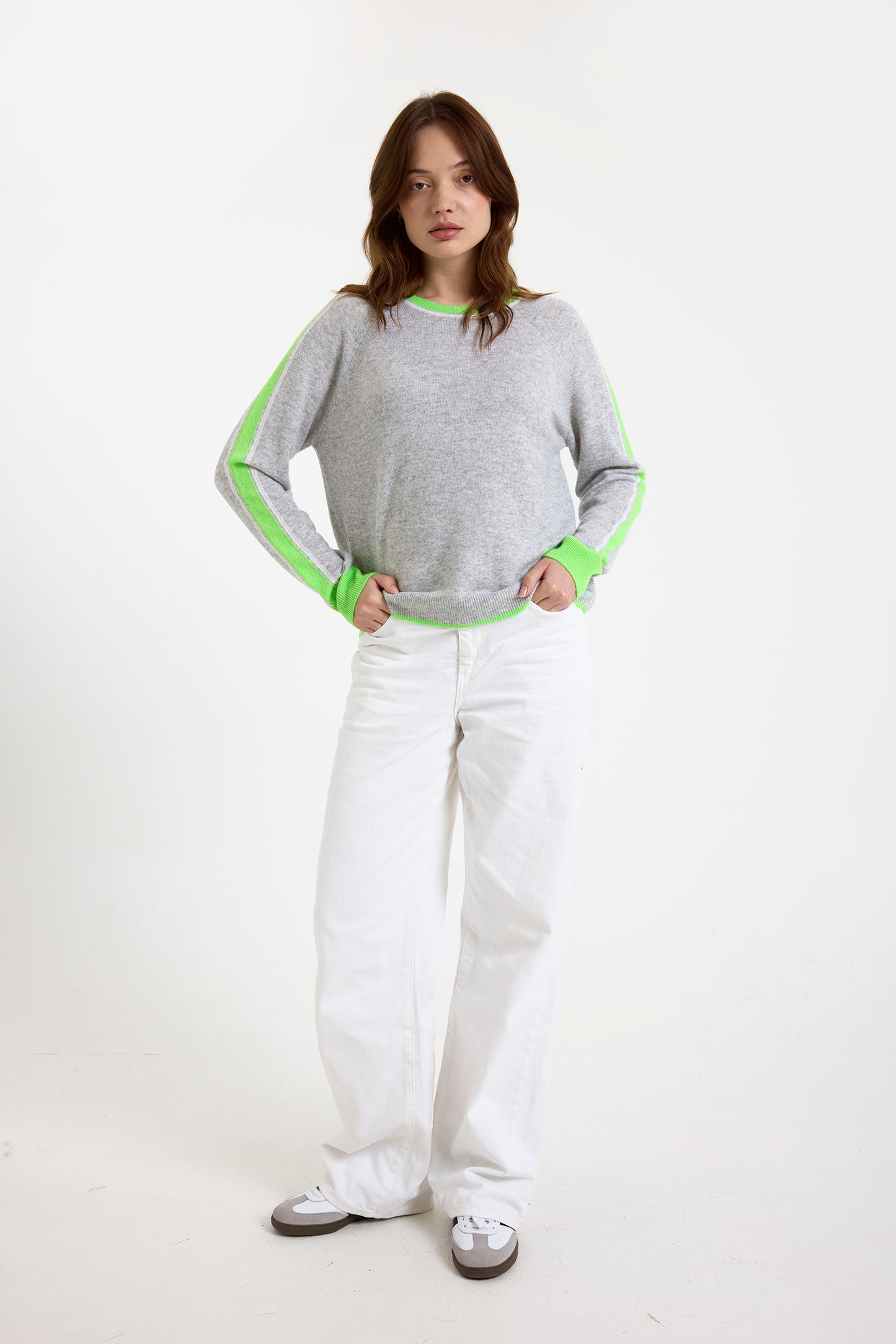 Brodie Cashmere Striped Sleeve Mini Sweat Top