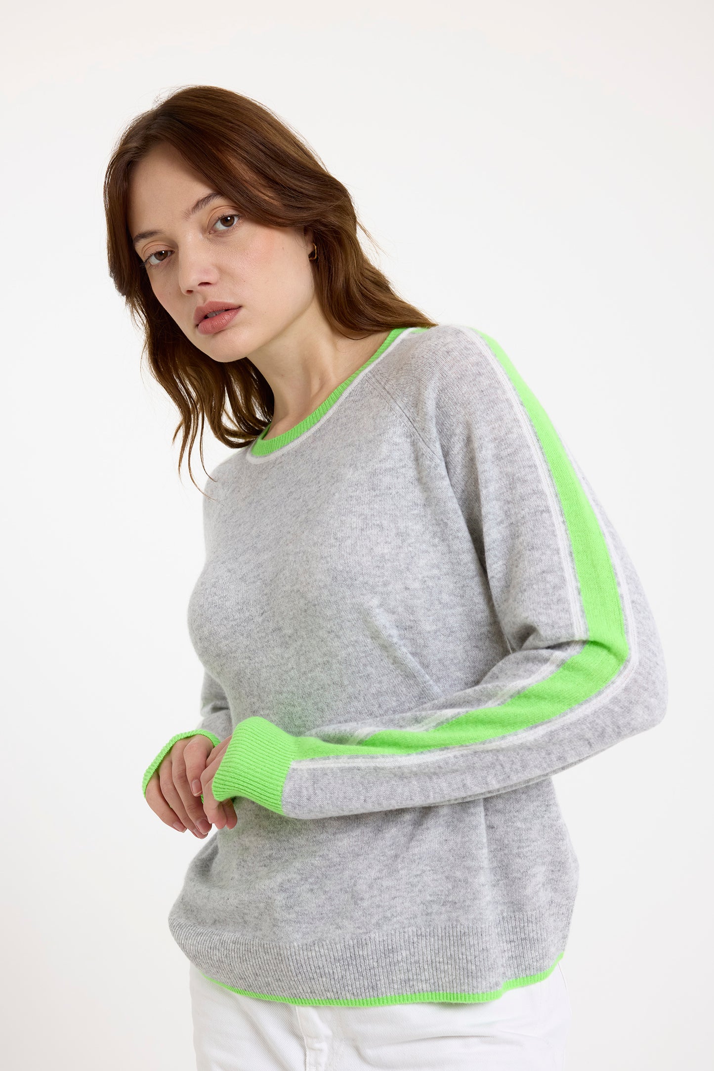 Brodie Cashmere Striped Sleeve Mini Sweat Top